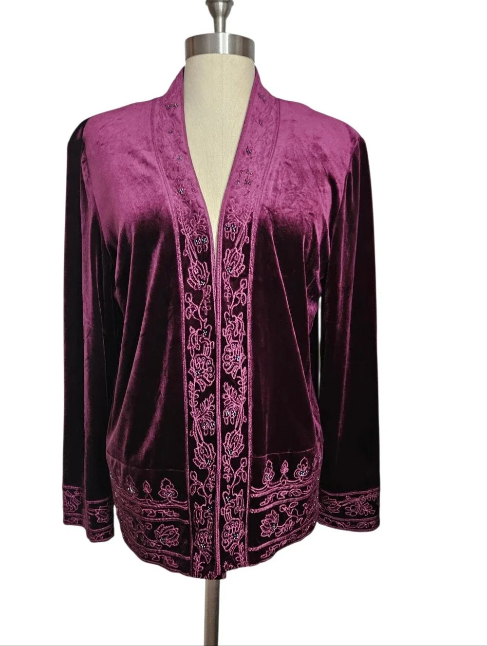 COLDWATER CREEK Deep Plum Velvet Embroidered Beaded Open Jacket | SZ 14 - Picture 1 of 11